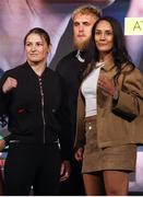 9 April 2025; Katie Taylor, left, and Amanda Serrano, with Jake Paul, during the kick-off press conference for Taylor v Serrano 3 at The Theater at Madison Square Garden in New York, USA. Photo by Tom Horak/Sportsfile