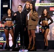 9 April 2025; Katie Taylor, second from left, and Amanda Serrano, with Jake Paul, during the kick-off press conference for Taylor v Serrano 3 at The Theater at Madison Square Garden in New York, USA. Photo by Tom Horak/Sportsfile