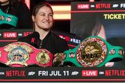 9 April 2025; Katie Taylor during the kick-off press conference for Taylor v Serrano 3 at The Theater at Madison Square Garden in New York, USA. Photo by Tom Horak/Sportsfile