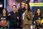 9 April 2025; Katie Taylor, left, and Amanda Serrano, with Jake Paul, during the kick-off press conference for Taylor v Serrano 3 at The Theater at Madison Square Garden in New York, USA. Photo by Tom Horak/Sportsfile