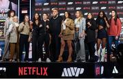 9 April 2025; Pictured, from left, Tamm Thibeault, Dina Thorslund, Ellie Scotney, Alycia Baumgardner, Katie Tylor, Jake Paul, Amanda Serrano, Jennifer Miranda, Yamileth Mercado, Shurretta Metcalf and Mary Casamassa during the kick-off press conference for Taylor v Serrano 3 at The Theater at Madison Square Garden in New York, USA. Photo by Tom Horak/Sportsfile