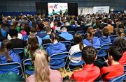 10 April 2025; Two time Olympic gold medallist Kellie Harrington, who is a Dare to Believe ambassador, speaking at the PE Expo 2025, sponsored by Allianz, at the Sport Ireland National Indoor Arena in Dublin. Photo by David Fitzgerald/Sportsfile