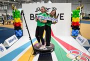 10 April 2025; Olympic athletes Kellie Harrington and Philip Doyle, along with Paralympian Orla Comerford, who are all Dare to Believe ambassadors, attended the Dare to Believe booth at PE Expo 2025, sponsored by Allianz, at the Sport Ireland National Indoor Arena in Dublin. Pictured at the Dare to Believe PE Expo 2025 are Molly Frehill and Ella McEvoy. Photo by David Fitzgerald/Sportsfile