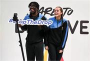10 April 2025; Olympic athletes Kellie Harrington and Philip Doyle, along with Paralympian Orla Comerford, who are all Dare to Believe ambassadors, attended the Dare to Believe booth at PE Expo 2025, sponsored by Allianz, at the Sport Ireland National Indoor Arena in Dublin. Pictured at the Dare to Believe PE Expo 2025 are Fahad Sulaimon and Sophie Stapleton. Photo by David Fitzgerald/Sportsfile