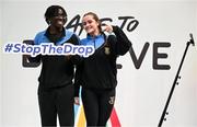 10 April 2025; Olympic athletes Kellie Harrington and Philip Doyle, along with Paralympian Orla Comerford, who are all Dare to Believe ambassadors, attended the Dare to Believe booth at PE Expo 2025, sponsored by Allianz, at the Sport Ireland National Indoor Arena in Dublin. Pictured at the Dare to Believe PE Expo 2025 are Fahad Sulaimon and Sophie Stapleton. Photo by David Fitzgerald/Sportsfile