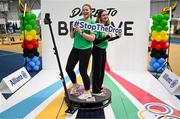10 April 2025; Olympic athletes Kellie Harrington and Philip Doyle, along with Paralympian Orla Comerford, who are all Dare to Believe ambassadors, attended the Dare to Believe booth at PE Expo 2025, sponsored by Allianz, at the Sport Ireland National Indoor Arena in Dublin. Pictured at the Dare to Believe PE Expo 2025 are Molly Frehill and Ella McEvoy. Photo by David Fitzgerald/Sportsfile