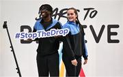 10 April 2025; Olympic athletes Kellie Harrington and Philip Doyle, along with Paralympian Orla Comerford, who are all Dare to Believe ambassadors, attended the Dare to Believe booth at PE Expo 2025, sponsored by Allianz, at the Sport Ireland National Indoor Arena in Dublin. Pictured at the Dare to Believe PE Expo 2025 are Fahad Sulaimon and Sophie Stapleton. Photo by David Fitzgerald/Sportsfile