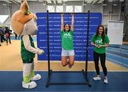 10 April 2025; Olympic athletes Kellie Harrington and Philip Doyle, along with Paralympian Orla Comerford, who are all Dare to Believe ambassadors, attended the Dare to Believe booth at PE Expo 2025, sponsored by Allianz, at the Sport Ireland National Indoor Arena in Dublin. Pictured at the Dare to Believe PE Expo 2025 is Erica Byrne, centre, and Grace Donohoe. Photo by David Fitzgerald/Sportsfile
