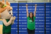 10 April 2025; Olympic athletes Kellie Harrington and Philip Doyle, along with Paralympian Orla Comerford, who are all Dare to Believe ambassadors, attended the Dare to Believe booth at PE Expo 2025, sponsored by Allianz, at the Sport Ireland National Indoor Arena in Dublin. Pictured at the Dare to Believe PE Expo 2025 is Grace Donohoe. Photo by David Fitzgerald/Sportsfile