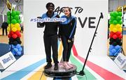 10 April 2025; Olympic athletes Kellie Harrington and Philip Doyle, along with Paralympian Orla Comerford, who are all Dare to Believe ambassadors, attended the Dare to Believe booth at PE Expo 2025, sponsored by Allianz, at the Sport Ireland National Indoor Arena in Dublin. Pictured at the Dare to Believe PE Expo 2025 are Fahad Sulaimon and Sophie Stapleton. Photo by David Fitzgerald/Sportsfile