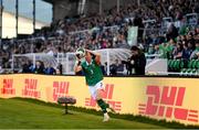 8 April 2025; Megan Campbell of Republic of Ireland takes a throw-in during the UEFA Women's Nations League B match between Republic of Ireland and Greece at Tallaght Stadium in Dublin. Photo by Stephen McCarthy/Sportsfile