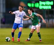 8 April 2025; Veatriki Sarri of Greece in action against Lucy Quinn of Republic of Ireland during the UEFA Women's Nations League B match between Republic of Ireland and Greece at Tallaght Stadium in Dublin. Photo by Stephen McCarthy/Sportsfile