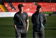 11 April 2025; Andrew Quinn, left, and Ryan Brennan of Drogheda United before the SSE Airtricity Men's Premier Division match between Derry City and Drogheda United at The Ryan McBride Brandywell Stadium in Derry. Photo by Stephen McCarthy/Sportsfile