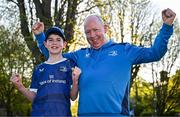 11 April 2025; Leinster supporters Marcus Farrell, right, and his son James, aged 12, from Lucan in Dublin before the Investec Champions Cup quarter-final match between Leinster and Glasgow Warriors at the Aviva Stadium in Dublin. Photo by Sam Barnes/Sportsfile