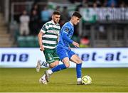 11 April 2025; Ben McCormack of Waterford in action against Dylan Watts of Shamrock Rovers during the SSE Airtricity Men's Premier Division match between Shamrock Rovers and Waterford at Tallaght Stadium in Dublin. Photo by Piaras Ó Mídheach/Sportsfile