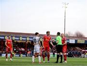 11 April 2025; Referee Kevin O'Sullivan speaks to Sean Boyd of Shelbourne during the SSE Airtricity Men's Premier Division match between Shelbourne and Bohemians at Tolka Park in Dublin. Photo by Thomas Flinkow/Sportsfile