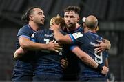 11 April 2025; Tommy O'Brien of Leinster, centre, is congratulated by team-mates, from left, James Lowe, Hugo Keenan and Jamison Gibson-Park after scoring his side's fourth try during the Investec Champions Cup quarter-final match between Leinster and Glasgow Warriors at the Aviva Stadium in Dublin. Photo by Brendan Moran/Sportsfile