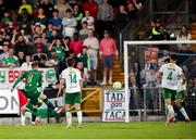 11 April 2025; Chris Forrester of St Patrick's Athletic shoots to score his side's first goal during the SSE Airtricity Men's Premier Division match between Cork City and St Patrick's Athletic at Turner's Cross in Cork. Photo by Michael P Ryan/Sportsfile