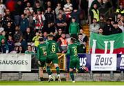 11 April 2025; Chris Forrester of St Patrick's Athletic, right, celebrates after scoring his side's first goal during the SSE Airtricity Men's Premier Division match between Cork City and St Patrick's Athletic at Turner's Cross in Cork. Photo by Michael P Ryan/Sportsfile