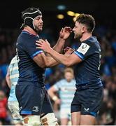 11 April 2025; Hugo Keenan of Leinster, right, is congratulated by team-mate Caelan Doris after scoring his side's fifth try during the Investec Champions Cup quarter-final match between Leinster and Glasgow Warriors at the Aviva Stadium in Dublin. Photo by Brendan Moran/Sportsfile