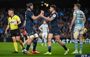 11 April 2025; Hugo Keenan of Leinster, right, is congratulated by team-mate Caelan Doris after scoring his side's fifth try during the Investec Champions Cup quarter-final match between Leinster and Glasgow Warriors at the Aviva Stadium in Dublin. Photo by Brendan Moran/Sportsfile