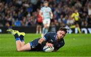 11 April 2025; Hugo Keenan of Leinster scores his side's fifth try during the Investec Champions Cup quarter-final match between Leinster and Glasgow Warriors at the Aviva Stadium in Dublin. Photo by Brendan Moran/Sportsfile