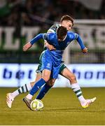 11 April 2025; Ben McCormack of Waterford in action against Matt Healy of Shamrock Rovers during the SSE Airtricity Men's Premier Division match between Shamrock Rovers and Waterford at Tallaght Stadium in Dublin. Photo by Piaras Ó Mídheach/Sportsfile