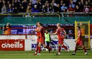 11 April 2025; Mipo Odubeko of Shelbourne, back, celebrates with teammate Sean Boyd after scoring his side's first goal during the SSE Airtricity Men's Premier Division match between Shelbourne and Bohemians at Tolka Park in Dublin. Photo by Thomas Flinkow/Sportsfile