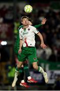 11 April 2025; Alex Nolan of Cork City in action against Chris Forrester of St Patrick's Athletic during the SSE Airtricity Men's Premier Division match between Cork City and St Patrick's Athletic at Turner's Cross in Cork. Photo by Michael P Ryan/Sportsfile