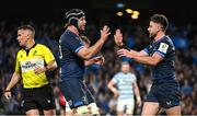 11 April 2025; Hugo Keenan of Leinster, right, is congratulated by team-mate Caelan Doris after scoring his side's fifth try during the Investec Champions Cup quarter-final match between Leinster and Glasgow Warriors at the Aviva Stadium in Dublin. Photo by Brendan Moran/Sportsfile