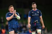 11 April 2025; Leinster players Tadhg Furlong, left, and Caelan Doris after the Investec Champions Cup quarter-final match between Leinster and Glasgow Warriors at the Aviva Stadium in Dublin. Photo by Ramsey Cardy/Sportsfile