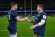 11 April 2025; Diarmuid Mangan of Leinster, left, and team-mate Tadhg Furlong after the Investec Champions Cup quarter-final match between Leinster and Glasgow Warriors at the Aviva Stadium in Dublin. Photo by Brendan Moran/Sportsfile