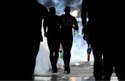11 April 2025; Leinster players Hugo Keenan, left, and Sam Prendergast of Leinster run onto the pitch before the Investec Champions Cup quarter-final match between Leinster and Glasgow Warriors at the Aviva Stadium in Dublin. Photo by Brendan Moran/Sportsfile