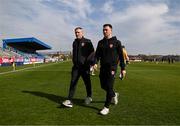 12 April 2025; Armagh manager Kieran McGeeney and captain Aidan Forker before the Ulster GAA Football Senior Championship quarter-final match between Antrim and Armagh at Corrigan Park in Belfast. Photo by David Fitzgerald/Sportsfile
