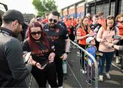 12 April 2025; Armagh supporter Rachael Criggin has her ticket scanned prior to entering before the Ulster GAA Football Senior Championship quarter-final match between Antrim and Armagh at Corrigan Park in Belfast. Photo by David Fitzgerald/Sportsfile