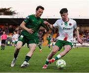 11 April 2025; Cathal O'Sullivan of Cork City in action against Axel Sjoberg of St Patrick's Athletic during the SSE Airtricity Men's Premier Division match between Cork City and St Patrick's Athletic at Turner's Cross in Cork. Photo by Michael P Ryan/Sportsfile