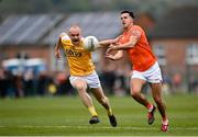 12 April 2025; Stefan Campbell of Armagh in action against Marc Jordan of Antrim during the Ulster GAA Football Senior Championship quarter-final match between Antrim and Armagh at Corrigan Park in Belfast. Photo by David Fitzgerald/Sportsfile
