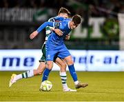 11 April 2025; Ben McCormack of Waterford in action against Matt Healy of Shamrock Rovers during the SSE Airtricity Men's Premier Division match between Shamrock Rovers and Waterford at Tallaght Stadium in Dublin. Photo by Piaras Ó Mídheach/Sportsfile