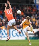 12 April 2025; Ryan McQuillan of Antrim in action against Stefan Campbell of Armagh during the Ulster GAA Football Senior Championship quarter-final match between Antrim and Armagh at Corrigan Park in Belfast. Photo by David Fitzgerald/Sportsfile
