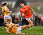 12 April 2025; Tomás McCormack of Armagh celebrates after scoring his side's first goal during the Ulster GAA Football Senior Championship quarter-final match between Antrim and Armagh at Corrigan Park in Belfast. Photo by Ramsey Cardy/Sportsfile