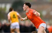12 April 2025; Tomás McCormack of Armagh celebrates after scoring his side's first goal during the Ulster GAA Football Senior Championship quarter-final match between Antrim and Armagh at Corrigan Park in Belfast. Photo by Ramsey Cardy/Sportsfile