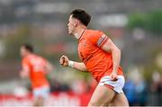 12 April 2025; Tomás McCormack of Armagh celebrates after scoring his side's first goal during the Ulster GAA Football Senior Championship quarter-final match between Antrim and Armagh at Corrigan Park in Belfast. Photo by Ramsey Cardy/Sportsfile