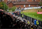 12 April 2025; A sign for Casement Park is held up by supporters during the Ulster GAA Football Senior Championship quarter-final match between Antrim and Armagh at Corrigan Park in Belfast. Photo by David Fitzgerald/Sportsfile