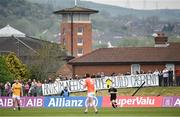 12 April 2025; A sign for Casement Park is held up by supporters during the Ulster GAA Football Senior Championship quarter-final match between Antrim and Armagh at Corrigan Park in Belfast. Photo by David Fitzgerald/Sportsfile