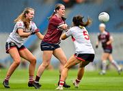 12 April 2025; Nicola Ward of Galway in action against Aoife Healy, left, and Erika O'Shea of Cork during the Lidl Ladies National Football League Division 2 final match between Cork and Galway at Croke Park in Dublin. Photo by Sam Barnes/Sportsfile