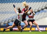 12 April 2025; Louise Ward of Galway is tackled by Shauna Kelly of Cork during the Lidl Ladies National Football League Division 2 final match between Cork and Galway at Croke Park in Dublin. Photo by Shauna Clinton/Sportsfile