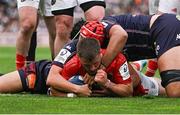 12 April 2025; Alex Nankivell of Munster celebrates after scoring his side's first try during the Investec Champions Cup quarter-final match between Bordeaux Begles and Munster at Stade Chaban-Delmas in Bordeaux, France. Photo by Brendan Moran/Sportsfile