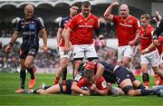 12 April 2025; Alex Nankivell of Munster scores his side's first try during the Investec Champions Cup quarter-final match between Bordeaux Begles and Munster at Stade Chaban-Delmas in Bordeaux, France. Photo by Brendan Moran/Sportsfile