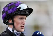 12 April 2025; Jockey Billy Lee is interviewed before the Lodge Park Stud Irish EBF Park Express Stakes at The Curragh Racecourse in Kildare. Photo by Thomas Doolin/Sportsfile