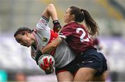 12 April 2025; Hannah Looney of Cork in action against Aoife Ní Cheallaigh of Galway during the Lidl Ladies National Football League Division 2 final match between Cork and Galway at Croke Park in Dublin. Photo by Shauna Clinton/Sportsfile